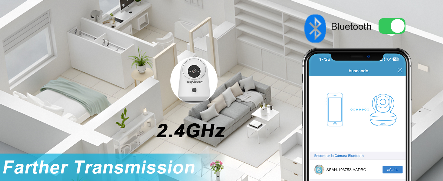 Smart home camera system interface showing 2.4GHz wireless connectivity, Bluetooth capability, and mobile app integration with 3D room visualization.