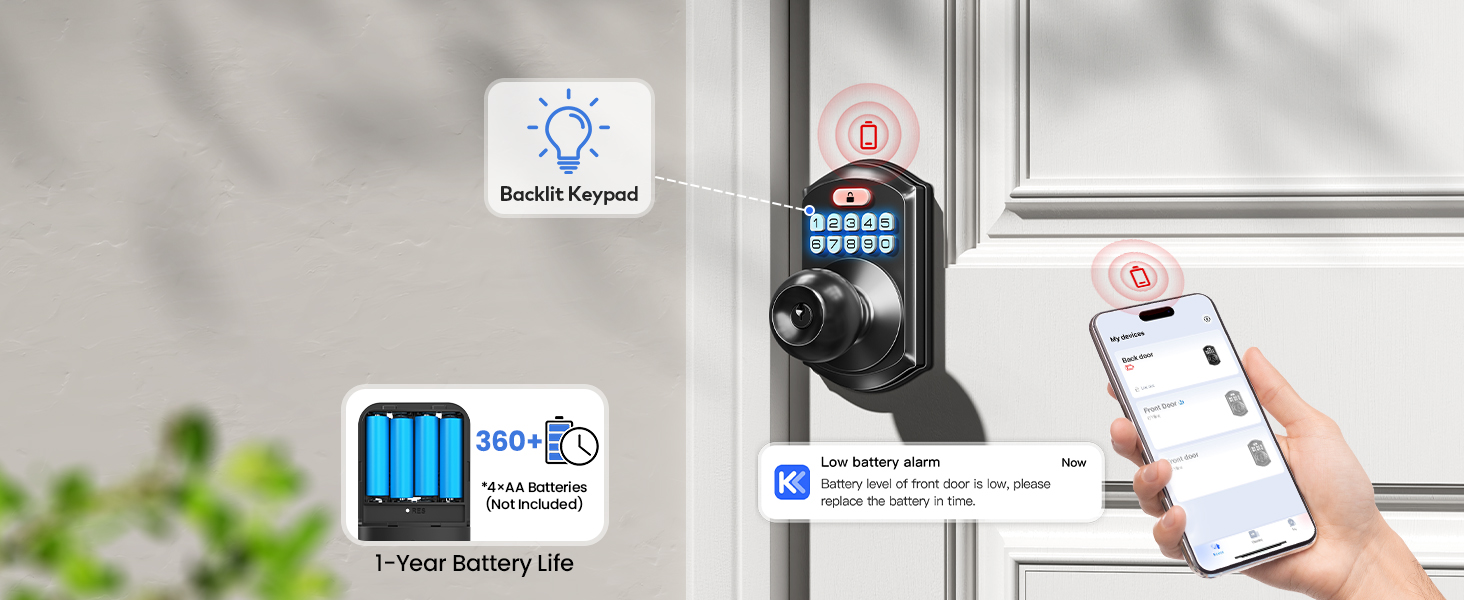 Up to 1-year battery life with low-battery alerts, ensuring your lock stays reliable