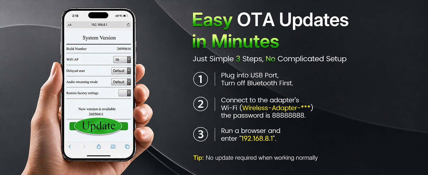 Wireless Android Auto adapter supports OTA maintenance for smoother long-term vehicle use.