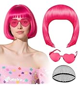 PLULON Hot Pink Bob Wig with Heart Sunglasses and Hair Cap for Women, Short Bob Wigs Synthetic Co...