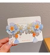 2Pcs Vintage Chinese Hanfu Blue Flower Hair Clips,Decorative Hair-Clips Tassel Pearl Barrettes Ha...