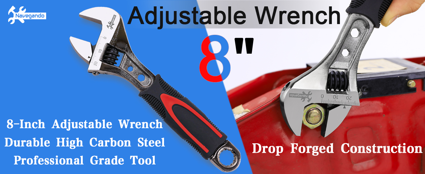 Navegando 8-inch adjustable wrench showcasing professional quality on white background.