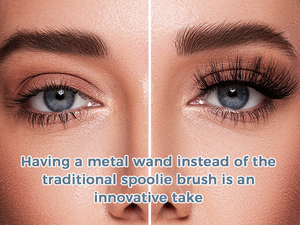 Split image comparing eye makeup application results, with text overlay about metal wand application technique.