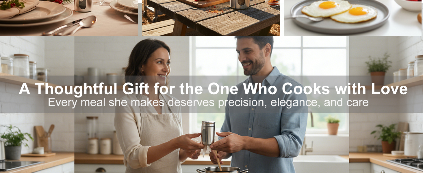 Thoughtful kitchen gift for cooking lovers, elegant stainless steel spice shaker set for her.
