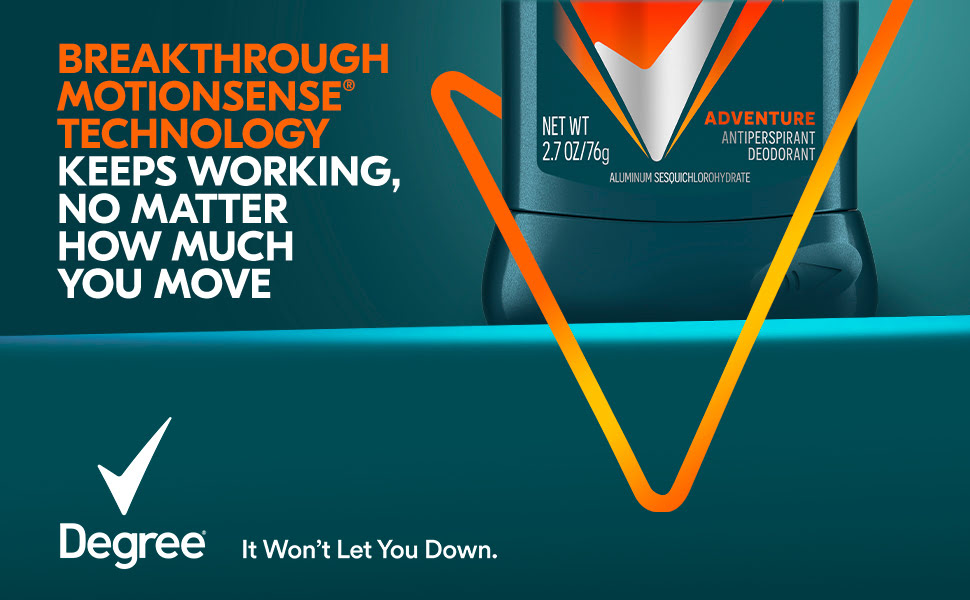 Lower section of Degree Advanced 72H Antiperspirant Adventure + Degree logo & tagline