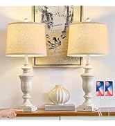 SAIWEYA 27.5" Set of 2 Farmhouse Table Lamps for Bedroom, 3 Way Dimmable Bedside Lamp with 2 USB ...