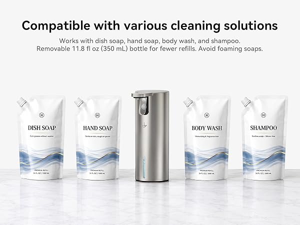 Works with dish soap, hand soap, body wash or shampoo, good for kitchen and bathroom use.