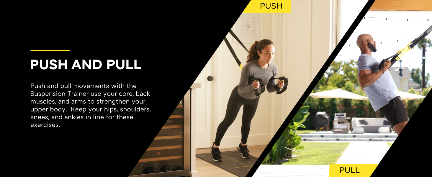 Two people using at-home gym equipment. Text reads: Push and pull.