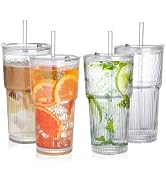AUFXKOO 20oz Ribbed Glass Coffee Cups,4PCS Glass Cups with Lid and Straw,Vintage Iced Coffee Cups...