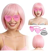 PLULON Pink Bob Wig with Heart Sunglasses for Women Men, Colorful Short Funny Bob Wigs with Bangs...