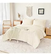 FMLIUY Double Brushed Micorfiber Queen Comforter Set Cream - 7-Piece Bed in a Bag, All-Season Sof...