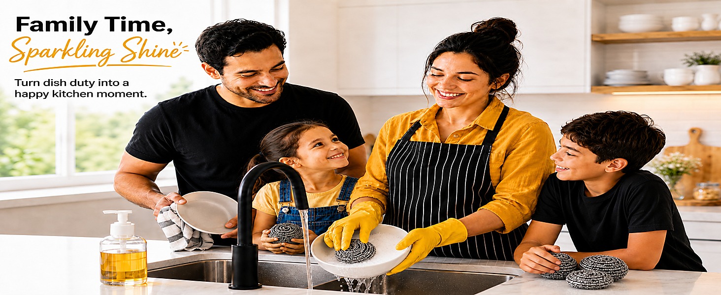 happy family with cool stainless steel scrubbers