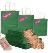 qiqee 100PCS Gift Bag with Handles Bulk Kraft Deep Green Paper Bags Assorted Sizes(33pcs Large 13...