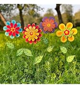 HUTHDAK Metal Flowers for Outside,4 Pack 16.33" Decorative Garden Stakes with Swaying Flowers Hea...