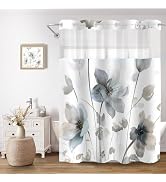 CTOTSYC No Hook Shower Curtain and Liner Set, Blue and Grey Boho Floral Shower Curtains for Bathr...
