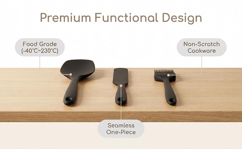 Large/small spatulas, cake knife, and brush. Handles every baking & cooking task.
