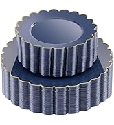 LIYH 60 Pcs Navy Blue Plastic Scalloped Plates with Gold Rim, Heavyweight Plastic Dark Blue Dispo...