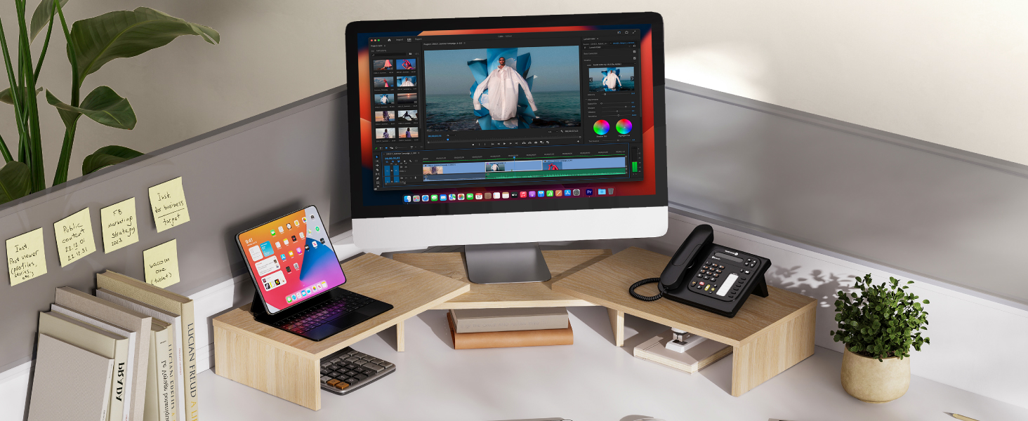 Modern desk setup with computer monitor, wooden desk organizers, small potted plant, and multiple devices arranged in an ergonomic workspace configuration.