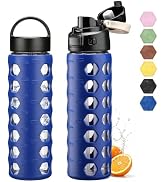 MUKOKO 24 oz Glass Water Bottle, Blue, 1 Pack | 2 Lids, Straw Included, Silicone Sleeve, For Spor...