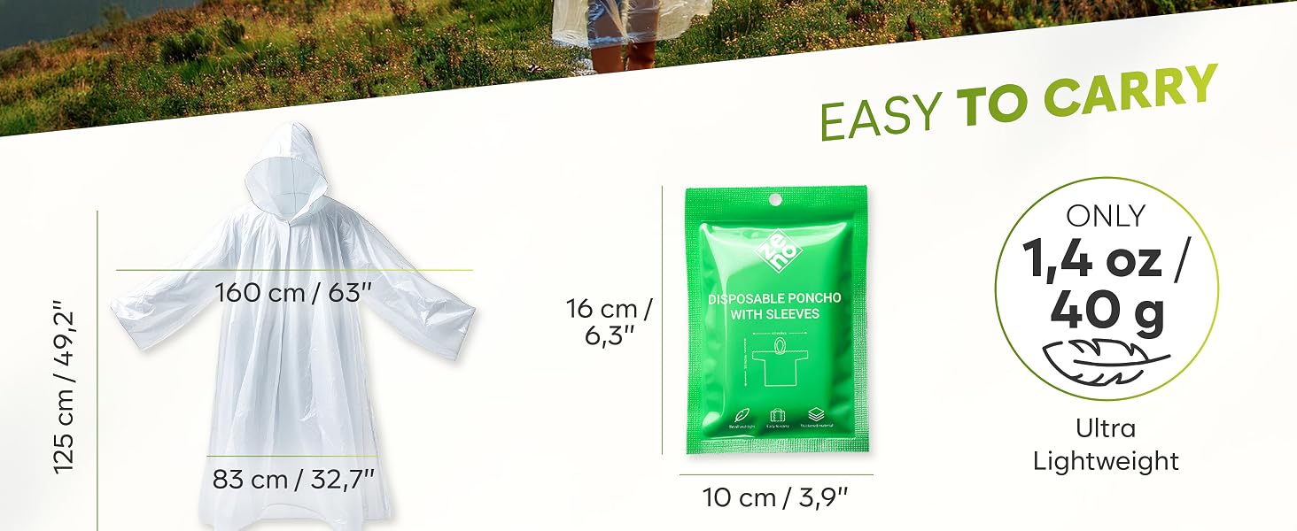Disposable Rain Ponchos for Adults - Clear Ponchos with Sleeves, Hood, Compact, Clear, for Emergency