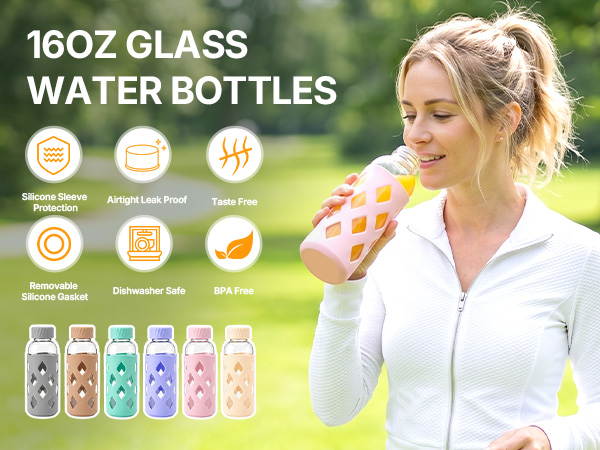 glass juice bottles with lids and straws 16oz, leak proof, bpa free