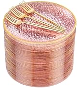 DaYammi 240Pcs Pink Plastic Plates Including 120Pcs Pink Dessert Plates and 120Pcs Gold Plastic F...