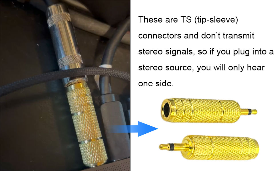 These are TS (tip-sleeve) connectors and don’t transmit stere