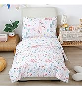 PERFEMET Girls Toddler Bedding Colorful Flower Blossom Comforter Set Cartoon Butterfly Print Todd...