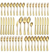 PHILIPALA 45 Piece Gold Silverware Set with Serving Utensils, Stainless Steel Flatware Set for 8 ...