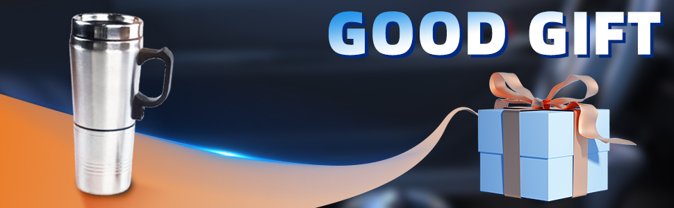 Stainless steel travel mug with handle next to a blue gift box with brown ribbon on dark background. Text 'GOOD GIFT' visible.