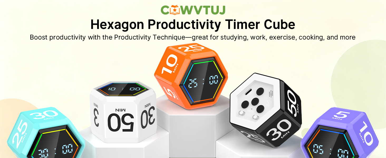 Text reads 'C3 WYTU Hexagon Productivity Timer Cube' with subtitle 'Boost productivity with the fidgeting timer cube for studying with exercise, cooling and more'. Six colorful hexagonal timer devices in blue, orange, white, purple, and teal displayed.