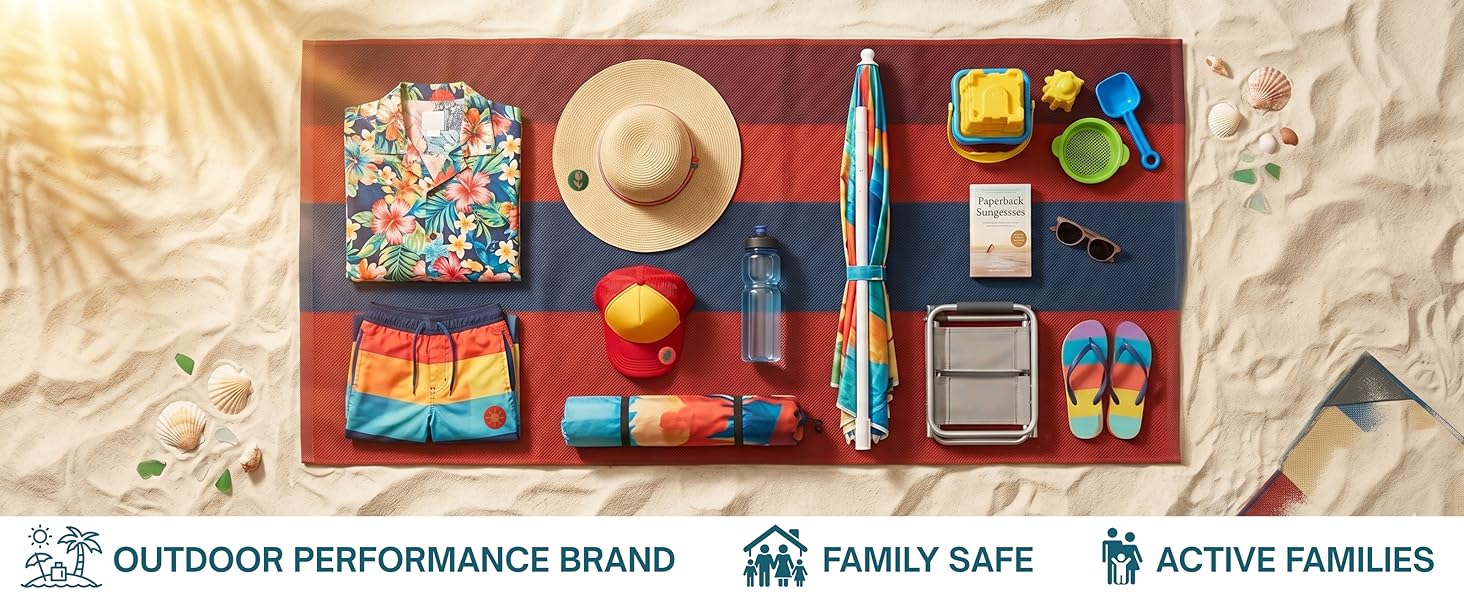 Beach gear flatlay with mosquito patch on hat, family safe outdoor brand for active families
