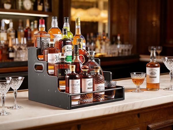 Large bottle display stand for liquor bar, tiered wood shelf for whiskey & wine collection.