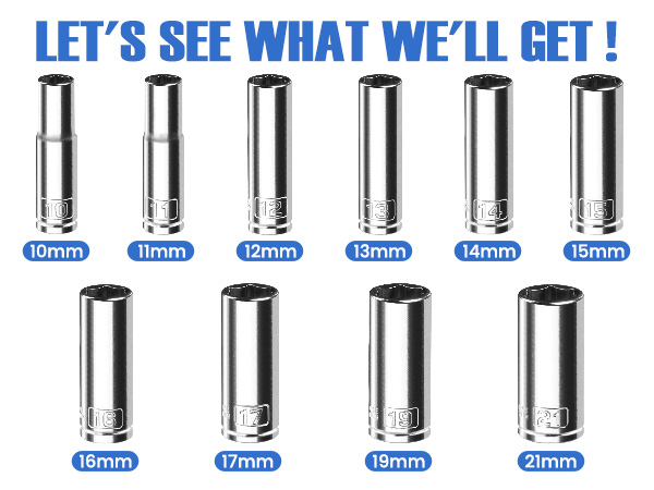 10PCS 3/8” Drive Deep Impact Socket Set, Metric(10mm-21mm)