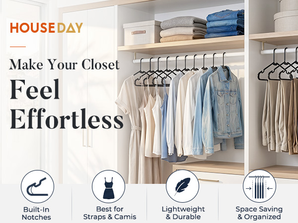 A neatly organized closet with the product hanging on a rod.