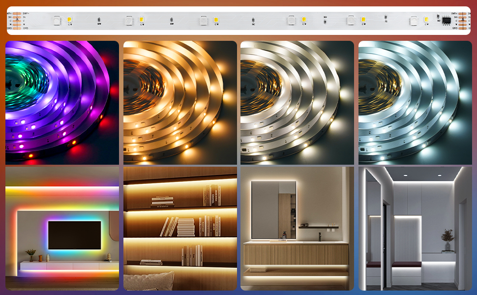LED strip lights showcase displaying multiple color options including purple, gold, silver, and blue, with various installation examples in room settings.