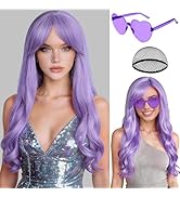 PLULON Light Purple Long Curly Wigs with Heart Sunglasses for Women, Neon Party Colored Wavy Wig ...