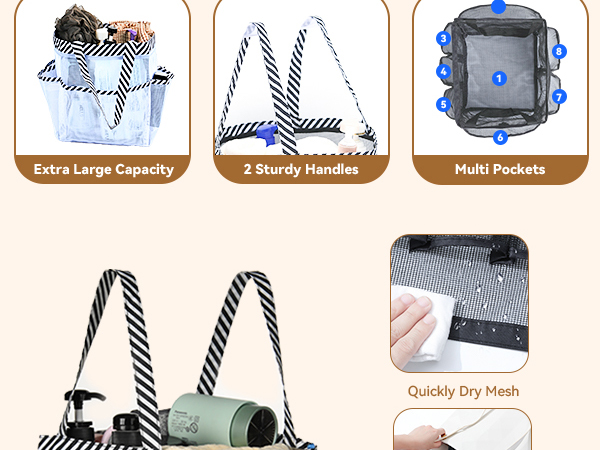 Heavy-duty nylon mesh Waterproof Large drainage hole Double handle Quick dry Key hook 2 tags