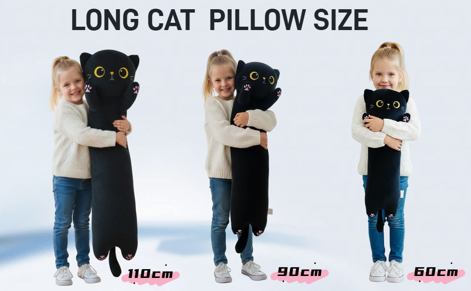 Text reads 'LONG CAT PILLOW SIZE'. Series of comparison images showing different sizes of plush cat pillows with measurements indicated.