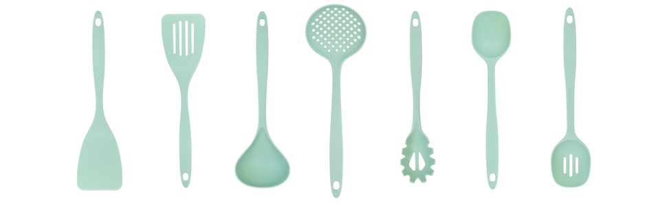 nylon utensils: turner, slotted turner, ladle, skimmer, pasta fork, spoon, slotted spoon