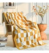 Checkered Throw Blanket, Yellow Knit Blankets with Soft Fluffy Microfiber, Cozy Fluffy Lightweigh...