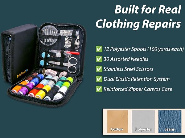 denim mending, quick fixes sewing buttons on the go, travel portable sew kit set