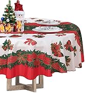 LUSHVIDA Christmas Tablecloth Round - 60inch Holly Ribbon Pattern Washable Wrinkle Resistant Holi...