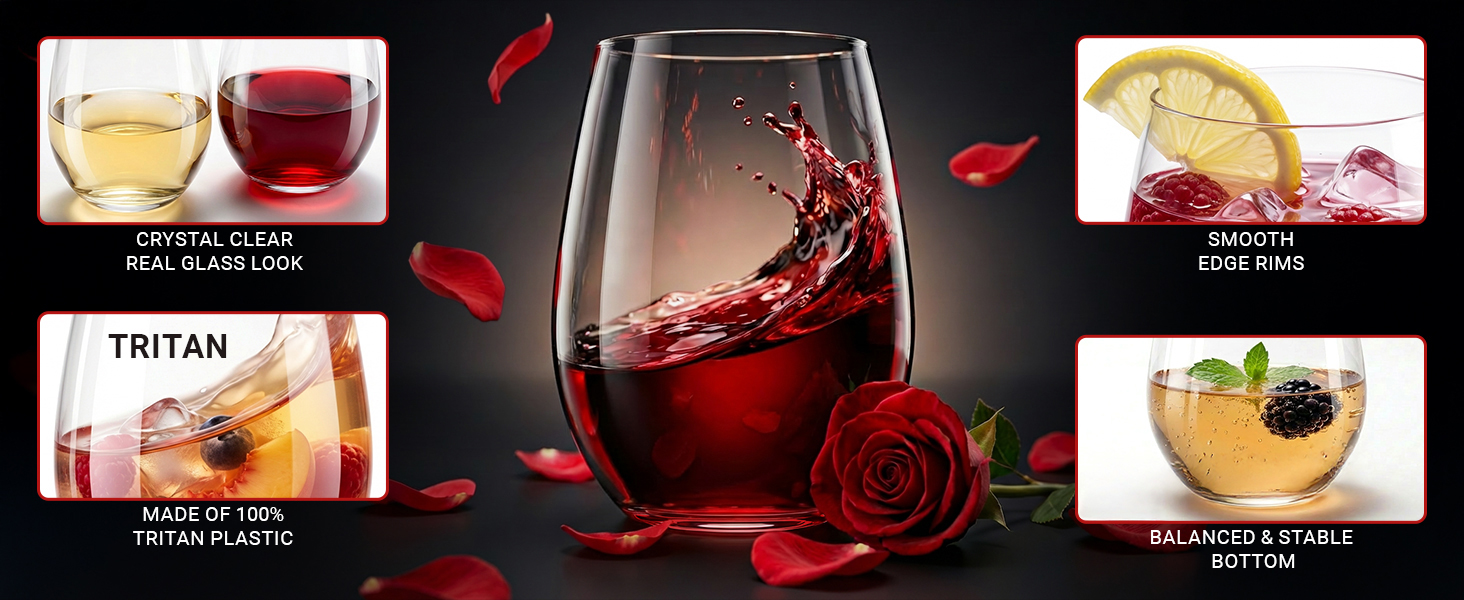 Crystal clear plastic wine glass with a wine splash featuring a stable base and smooth rims.