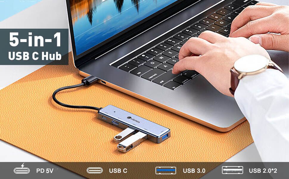powered USB C Hub 5 in 1 with usb c power/data port