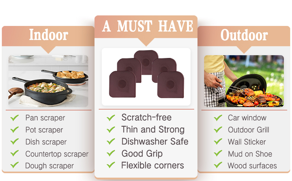 Original Pan Scrapers Set, 4 Pack Flexible Thicker Polycarbonate Plastic Pan Scraper