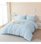 PERFEMET 5 Pieces Twin Bedding Sets Light Blue Pom Pom Comforter Set for Girls Boys Soft Fluffy S...
