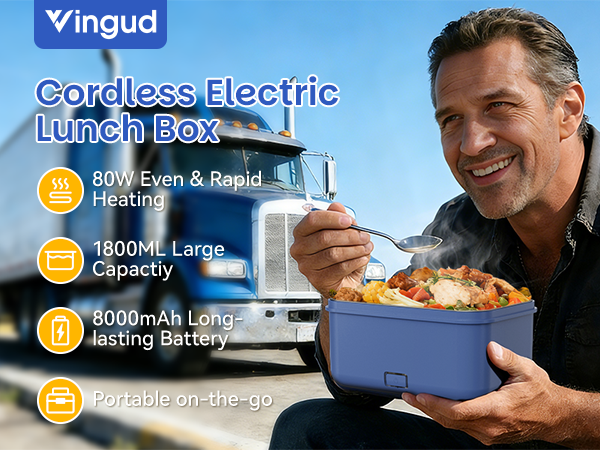 Cordless electric lunch box with 1.8L large capacity and 8000mAh long-lasting battery