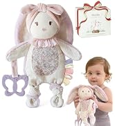 Moonkie Baby Lovey with Silicone Teether, Bunny Security Blanket with Textured Ribbons, Crinkle T...