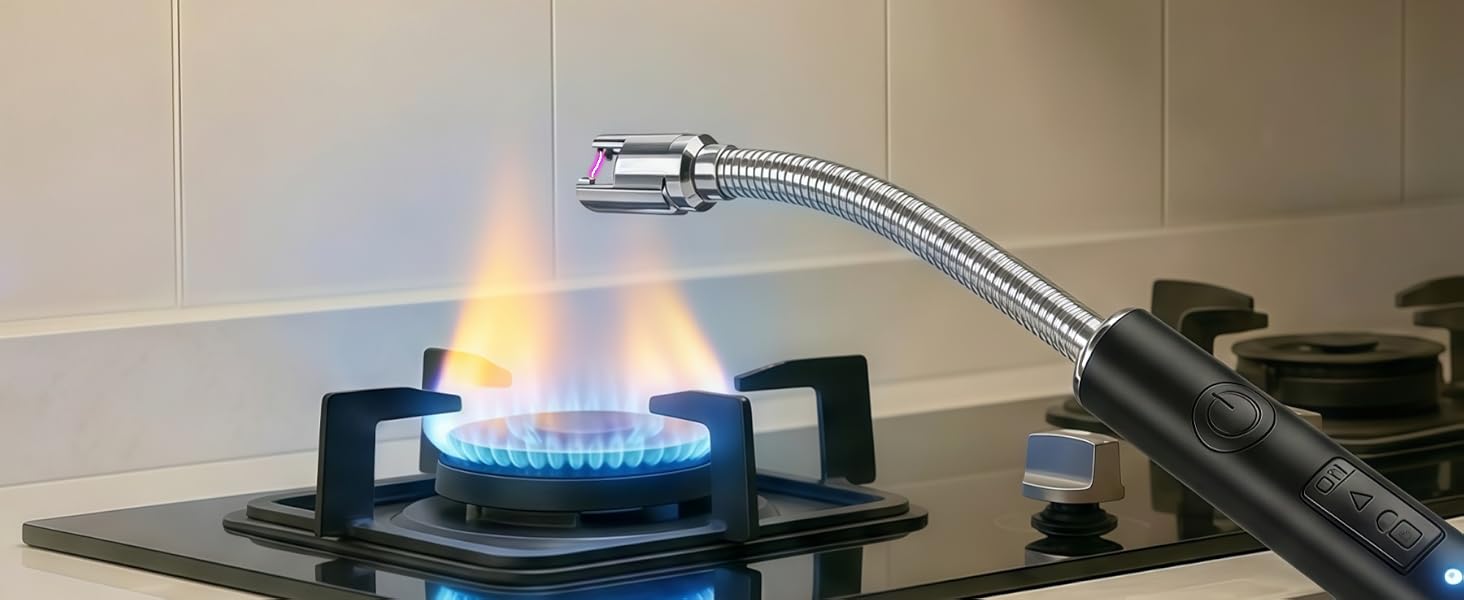 Electric arc lighter igniting a kitchen gas stove with flexible long neck design